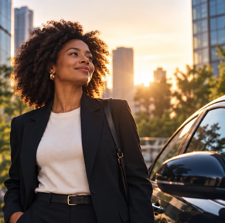 Profissional negra ao lado de um carro em ambiente urbano ao pôr do sol, representando mobilidade, autonomia e conquista.