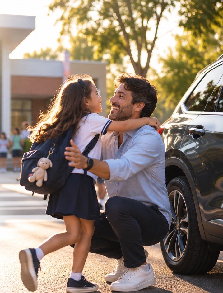 Pai recebe a filha na saída da escola ao lado do carro, representando mobilidade, cuidado e qualidade de vida.